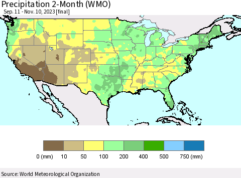 United States Precipitation 2-Month (WMO) Thematic Map For 9/11/2023 - 11/10/2023