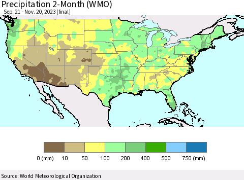 United States Precipitation 2-Month (WMO) Thematic Map For 9/21/2023 - 11/20/2023