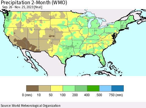 United States Precipitation 2-Month (WMO) Thematic Map For 9/26/2023 - 11/25/2023