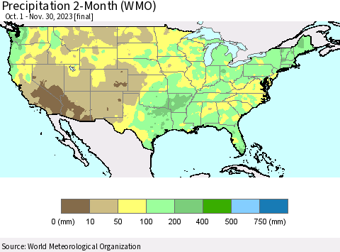 United States Precipitation 2-Month (WMO) Thematic Map For 10/1/2023 - 11/30/2023