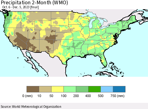 United States Precipitation 2-Month (WMO) Thematic Map For 10/6/2023 - 12/5/2023