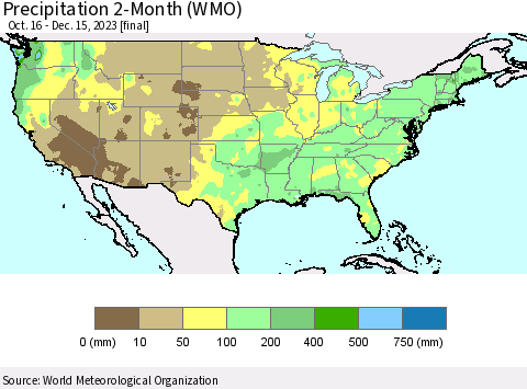 United States Precipitation 2-Month (WMO) Thematic Map For 10/16/2023 - 12/15/2023