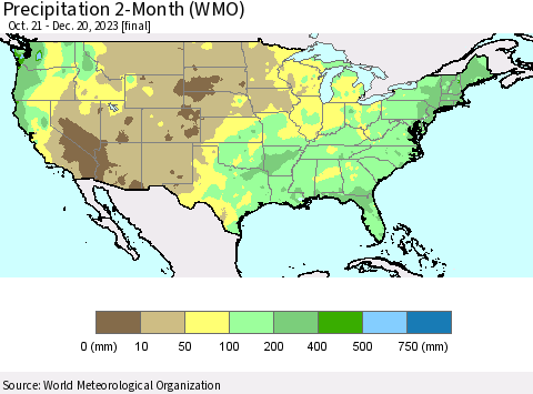 United States Precipitation 2-Month (WMO) Thematic Map For 10/21/2023 - 12/20/2023