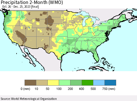 United States Precipitation 2-Month (WMO) Thematic Map For 10/26/2023 - 12/25/2023