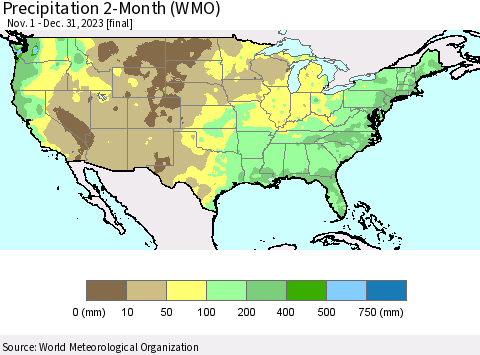 United States Precipitation 2-Month (WMO) Thematic Map For 11/1/2023 - 12/31/2023