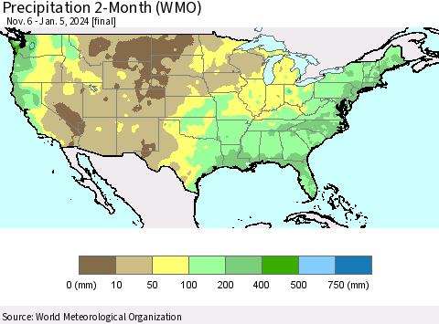 United States Precipitation 2-Month (WMO) Thematic Map For 11/6/2023 - 1/5/2024