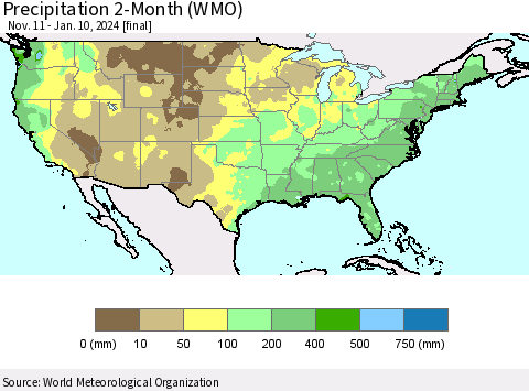 United States Precipitation 2-Month (WMO) Thematic Map For 11/11/2023 - 1/10/2024