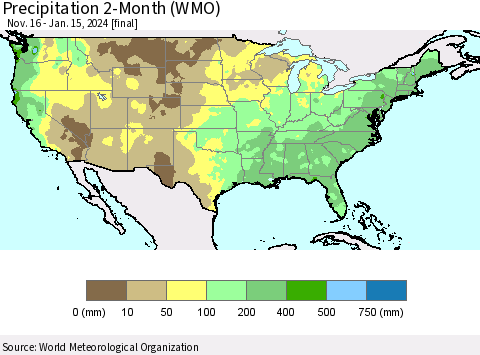 United States Precipitation 2-Month (WMO) Thematic Map For 11/16/2023 - 1/15/2024
