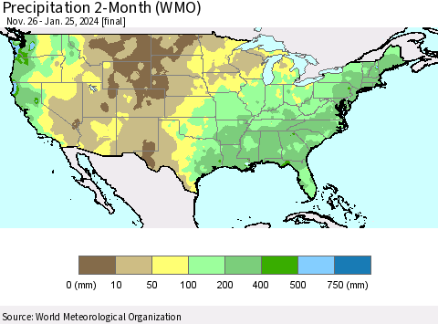 United States Precipitation 2-Month (WMO) Thematic Map For 11/26/2023 - 1/25/2024