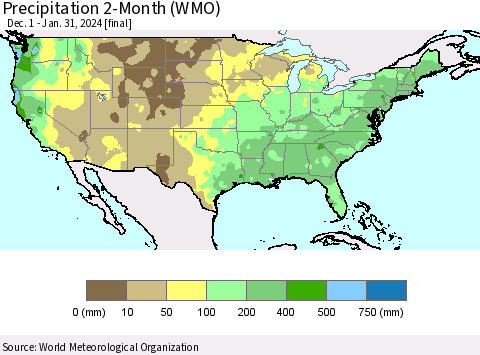United States Precipitation 2-Month (WMO) Thematic Map For 12/1/2023 - 1/31/2024