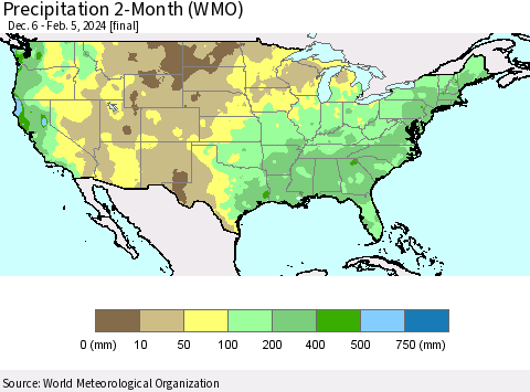 United States Precipitation 2-Month (WMO) Thematic Map For 12/6/2023 - 2/5/2024