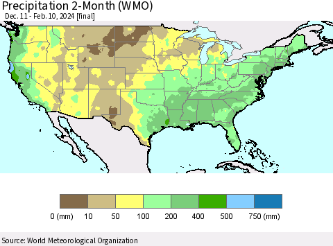 United States Precipitation 2-Month (WMO) Thematic Map For 12/11/2023 - 2/10/2024