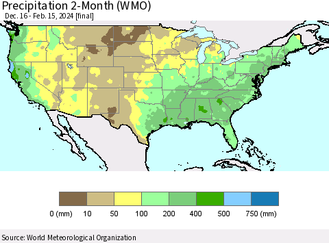 United States Precipitation 2-Month (WMO) Thematic Map For 12/16/2023 - 2/15/2024
