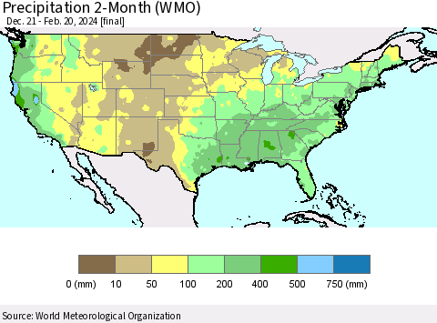 United States Precipitation 2-Month (WMO) Thematic Map For 12/21/2023 - 2/20/2024