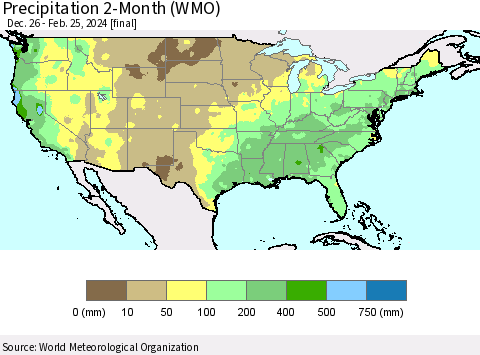 United States Precipitation 2-Month (WMO) Thematic Map For 12/26/2023 - 2/25/2024
