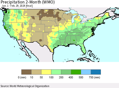 United States Precipitation 2-Month (WMO) Thematic Map For 1/1/2024 - 2/29/2024