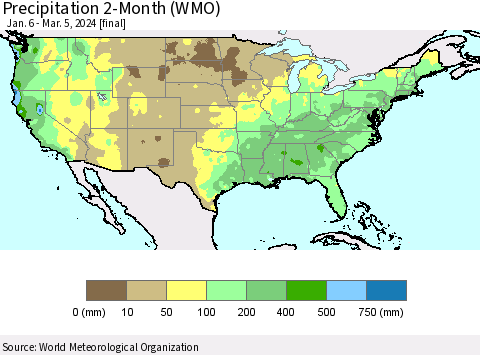 United States Precipitation 2-Month (WMO) Thematic Map For 1/6/2024 - 3/5/2024