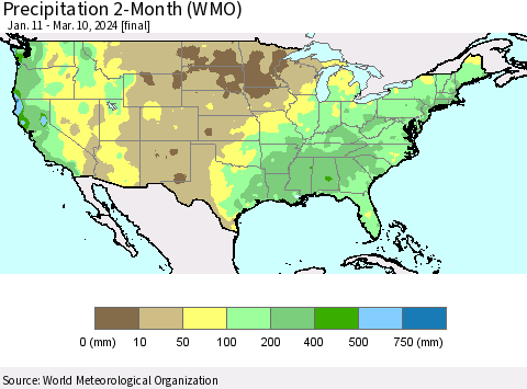 United States Precipitation 2-Month (WMO) Thematic Map For 1/11/2024 - 3/10/2024