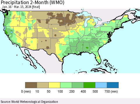 United States Precipitation 2-Month (WMO) Thematic Map For 1/16/2024 - 3/15/2024