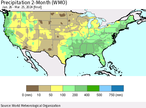 United States Precipitation 2-Month (WMO) Thematic Map For 1/26/2024 - 3/25/2024