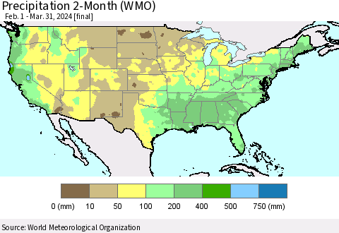 United States Precipitation 2-Month (WMO) Thematic Map For 2/1/2024 - 3/31/2024