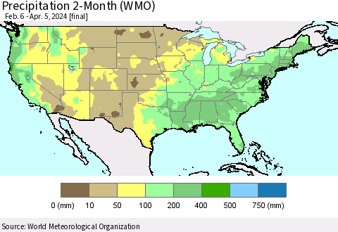 United States Precipitation 2-Month (WMO) Thematic Map For 2/6/2024 - 4/5/2024