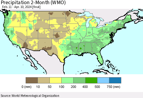 United States Precipitation 2-Month (WMO) Thematic Map For 2/11/2024 - 4/10/2024