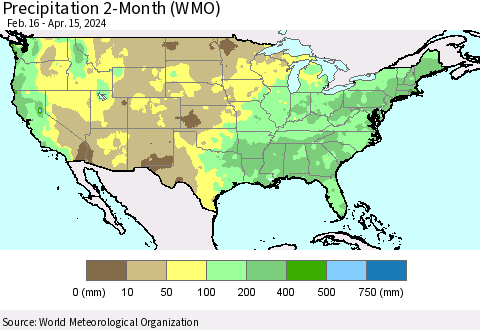 United States Precipitation 2-Month (WMO) Thematic Map For 2/16/2024 - 4/15/2024