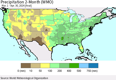 United States Precipitation 2-Month (WMO) Thematic Map For 3/1/2024 - 4/30/2024