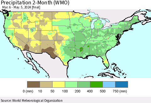 United States Precipitation 2-Month (WMO) Thematic Map For 3/6/2024 - 5/5/2024