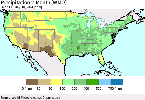 United States Precipitation 2-Month (WMO) Thematic Map For 3/11/2024 - 5/10/2024