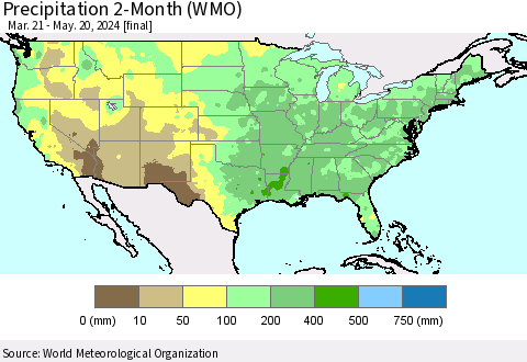 United States Precipitation 2-Month (WMO) Thematic Map For 3/21/2024 - 5/20/2024