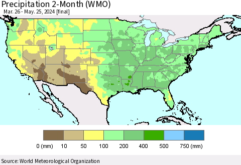 United States Precipitation 2-Month (WMO) Thematic Map For 3/26/2024 - 5/25/2024