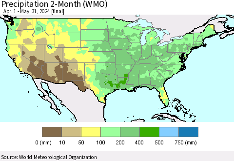 United States Precipitation 2-Month (WMO) Thematic Map For 4/1/2024 - 5/31/2024