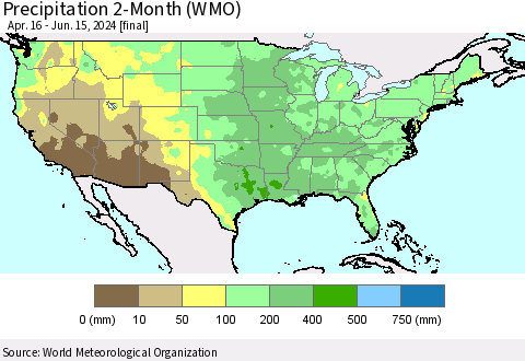 United States Precipitation 2-Month (WMO) Thematic Map For 4/16/2024 - 6/15/2024