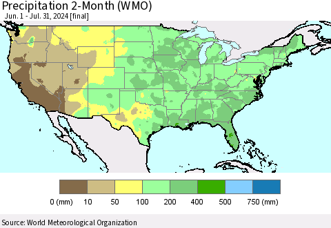 United States Precipitation 2-Month (WMO) Thematic Map For 6/1/2024 - 7/31/2024