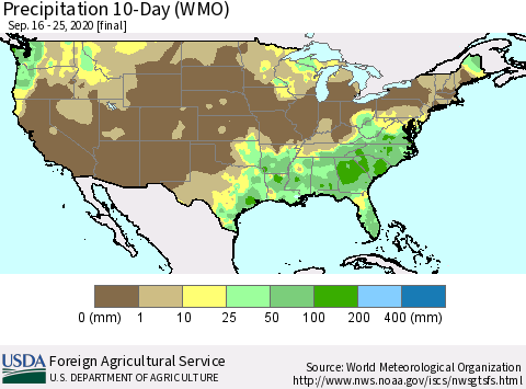 United States Precipitation 10-Day (WMO) Thematic Map For 9/16/2020 - 9/25/2020