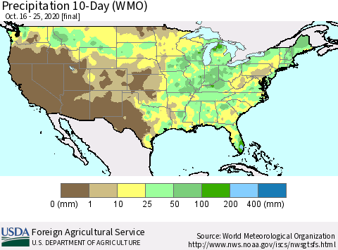 United States Precipitation 10-Day (WMO) Thematic Map For 10/16/2020 - 10/25/2020