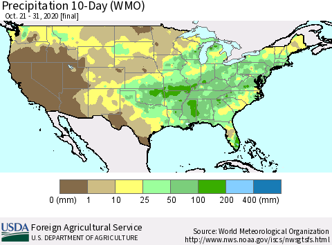 United States Precipitation 10-Day (WMO) Thematic Map For 10/21/2020 - 10/31/2020