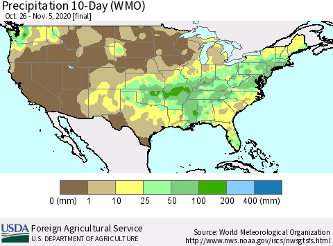 United States Precipitation 10-Day (WMO) Thematic Map For 10/26/2020 - 11/5/2020