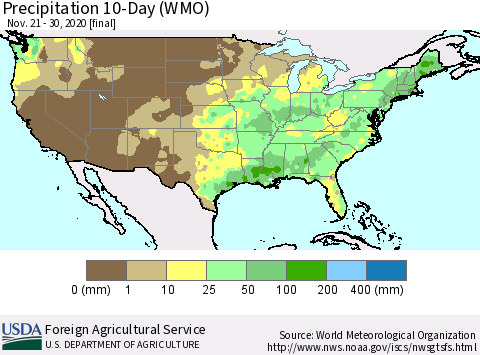 United States Precipitation 10-Day (WMO) Thematic Map For 11/21/2020 - 11/30/2020