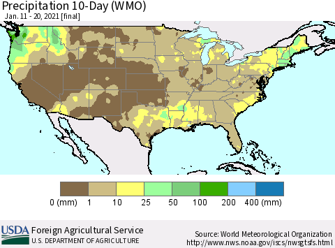 United States Precipitation 10-Day (WMO) Thematic Map For 1/11/2021 - 1/20/2021