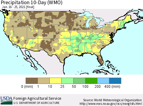 United States Precipitation 10-Day (WMO) Thematic Map For 1/16/2021 - 1/25/2021