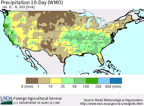 United States Precipitation 10-Day (WMO) Thematic Map For 1/21/2021 - 1/31/2021