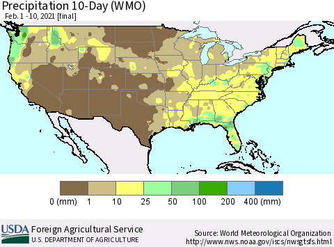 United States Precipitation 10-Day (WMO) Thematic Map For 2/1/2021 - 2/10/2021
