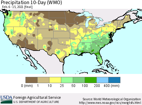 United States Precipitation 10-Day (WMO) Thematic Map For 2/6/2021 - 2/15/2021