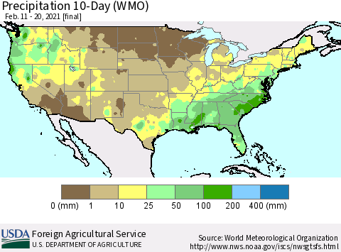 United States Precipitation 10-Day (WMO) Thematic Map For 2/11/2021 - 2/20/2021
