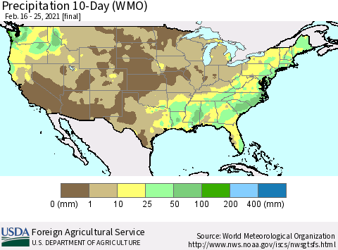United States Precipitation 10-Day (WMO) Thematic Map For 2/16/2021 - 2/25/2021