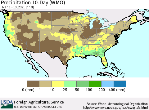 United States Precipitation 10-Day (WMO) Thematic Map For 3/1/2021 - 3/10/2021