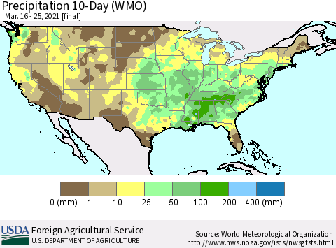 United States Precipitation 10-Day (WMO) Thematic Map For 3/16/2021 - 3/25/2021